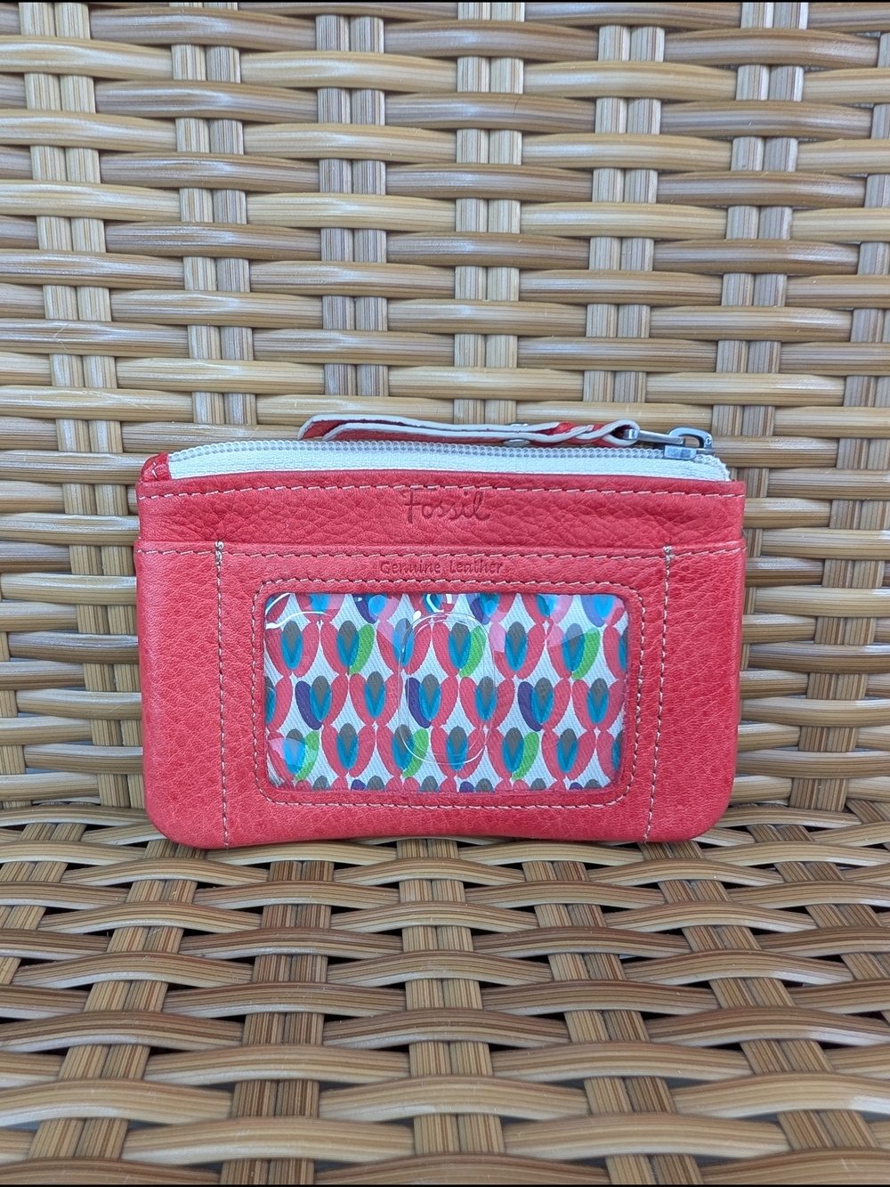 Fossil Coral Red Leather Card Wallet Coin Purse ID Window